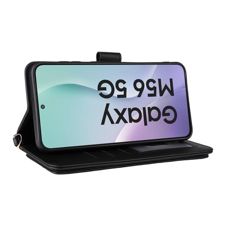 Funda de cuero multifuncional para Samsung Galaxy M56 5G con 6 ranuras para tarjetas y correa para la muñeca (negra)