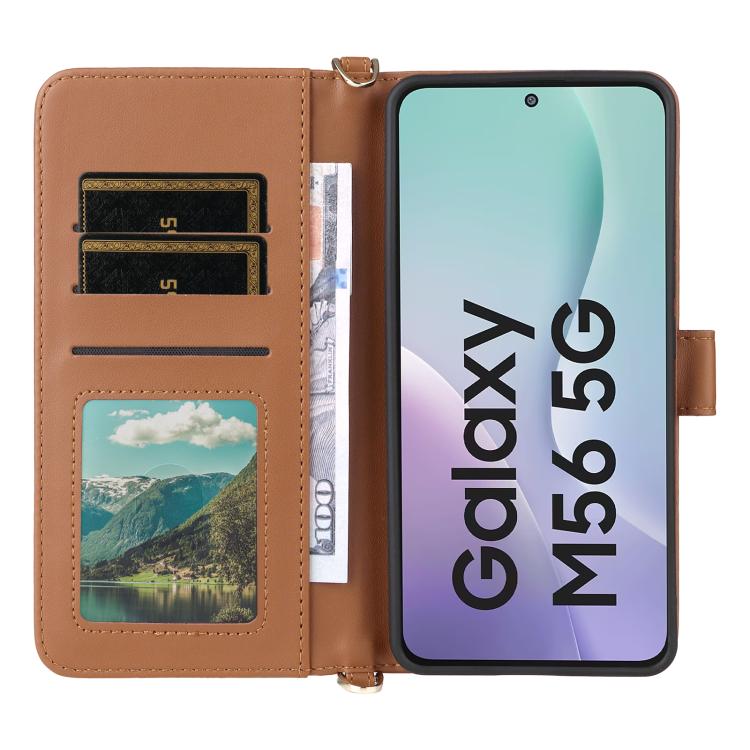 Funda de cuero multifuncional para Samsung Galaxy M56 5G con 6 ranuras para tarjetas y correa para la muñeca (marrón)