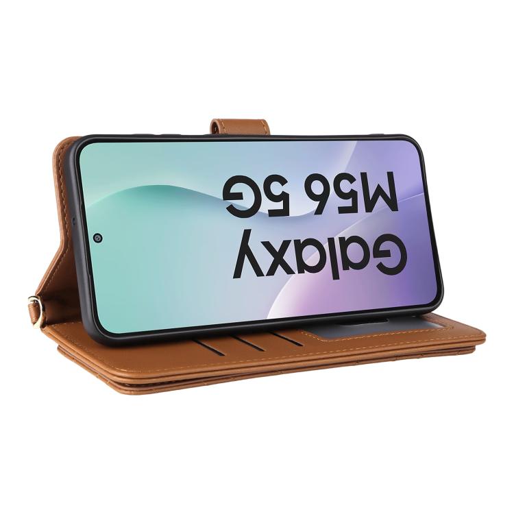 Funda de cuero multifuncional para Samsung Galaxy M56 5G con 6 ranuras para tarjetas y correa para la muñeca (marrón)