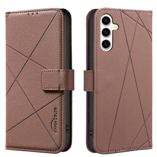 Funda de cuero RFID con patrón geométrico para Samsung Galaxy S25 FE 5G (marrón)