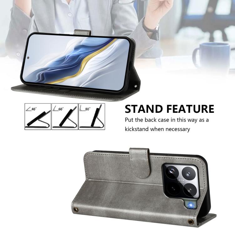 Funda de cuero retro con hebilla de empalme de línea para Xiaomi 15S Pro 5G (gris)