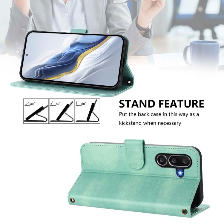 Funda de cuero retro con hebilla y empalme de línea para Samsung Galaxy M56 5G (verde menta)