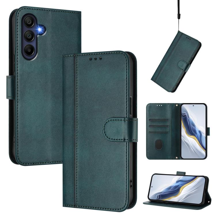 Funda de cuero retro con hebilla y empalme de líneas para Samsung Galaxy A17 5G (verde oscuro)