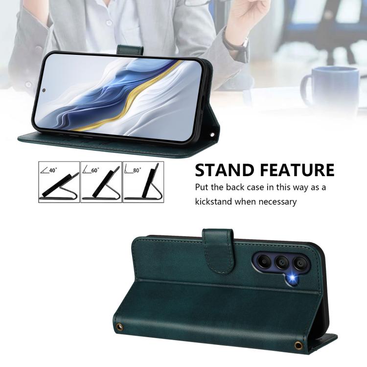 Funda de cuero retro con hebilla y empalme de líneas para Samsung Galaxy A17 5G (verde oscuro)
