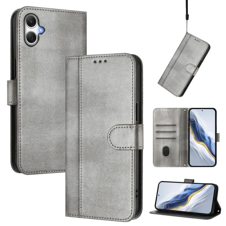 Funda de cuero retro con hebilla y empalme de líneas para Samsung Galaxy A07 4G (gris)