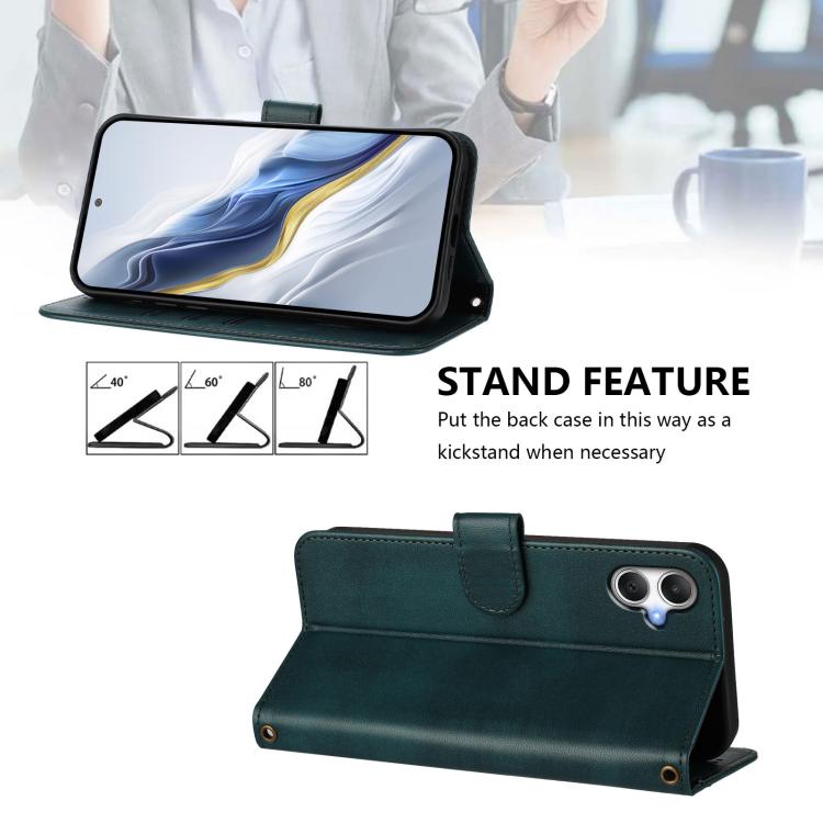 Funda de cuero retro con hebilla y empalme de líneas para Samsung Galaxy A07 4G (verde oscuro)