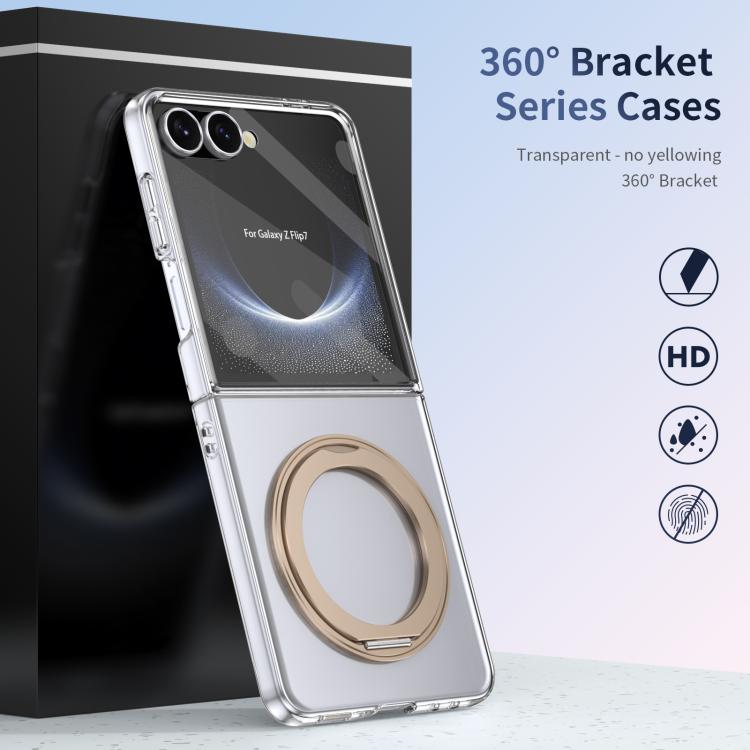 Funda plegable MagSafe para Samsung Galaxy Z Flip7 5G con soporte giratorio de 360 grados y alta transparencia, con tacto de hielo integrado (dorado desierto)