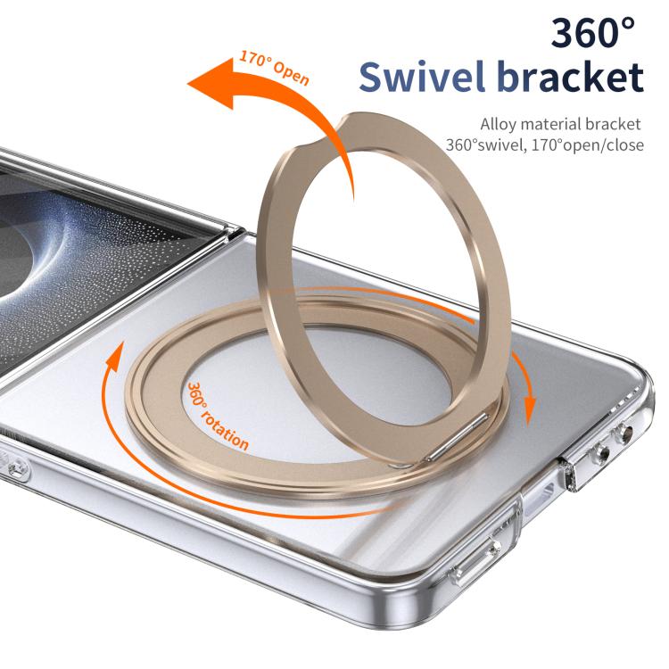 Funda plegable MagSafe para Samsung Galaxy Z Flip7 5G con soporte giratorio de 360 grados y alta transparencia, con tacto de hielo integrado (dorado desierto)