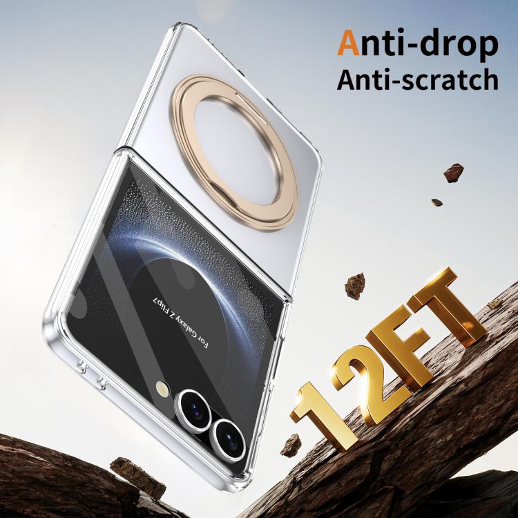 Funda plegable MagSafe para Samsung Galaxy Z Flip7 5G con soporte giratorio de 360 grados y alta transparencia, con tacto de hielo integrado (dorado desierto)