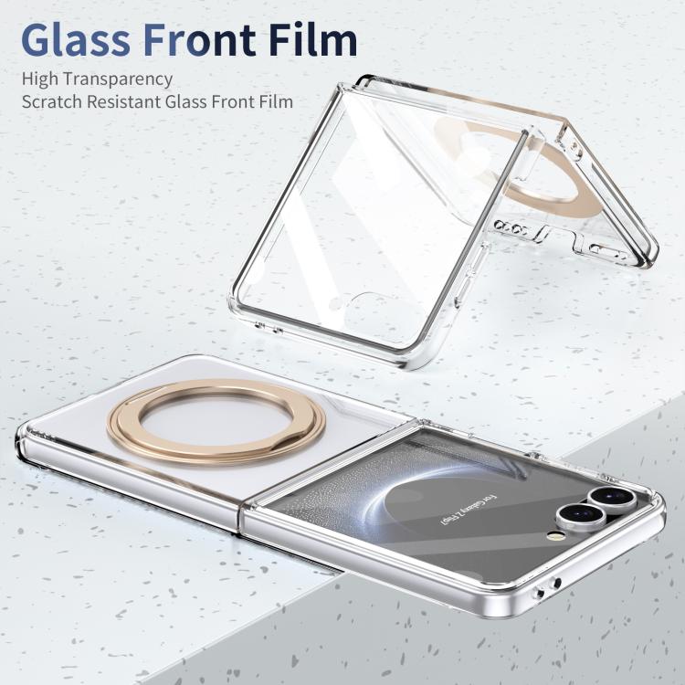 Funda plegable MagSafe para Samsung Galaxy Z Flip7 5G con soporte giratorio de 360 grados y alta transparencia, con tacto de hielo integrado (dorado desierto)