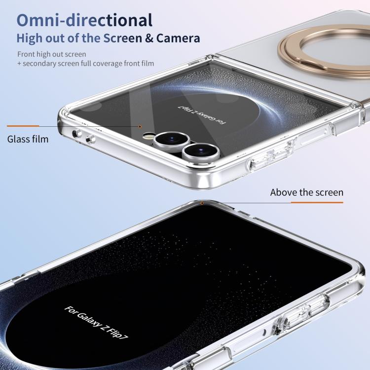 Funda plegable MagSafe para Samsung Galaxy Z Flip7 5G con soporte giratorio de 360 grados y alta transparencia, con tacto de hielo integrado (dorado desierto)