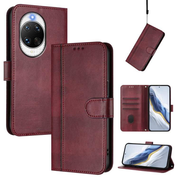 Funda de cuero retro con hebilla y empalme de líneas para Huawei Nova 14 Ultra (rojo vino)
