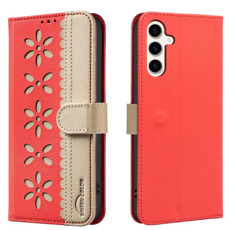 Funda de cuero RFID con estampado floral hueco para Samsung Galaxy S25 FE 5G (rojo)