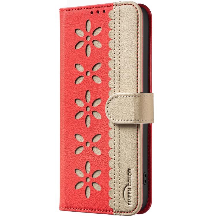 Funda de cuero RFID con estampado floral hueco para Samsung Galaxy S25 FE 5G (rojo)