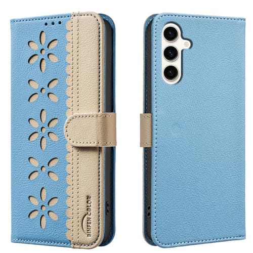 Funda de cuero RFID con estampado floral hueco para Samsung Galaxy S25 FE 5G (azul bebé)