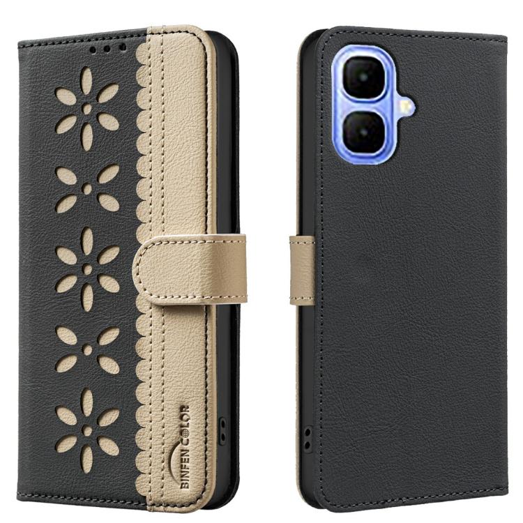 Funda de cuero RFID con estampado floral hueco para Infinix Smart 10 4G (negro)