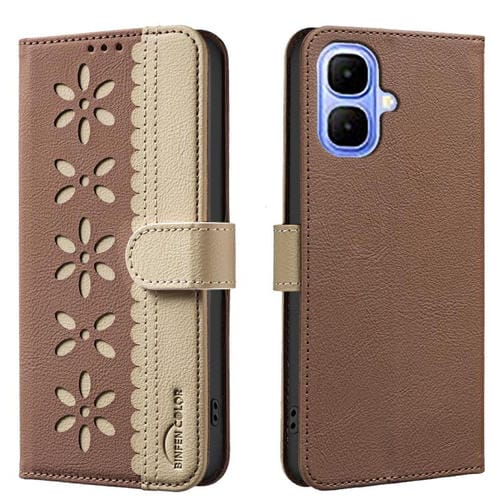 Funda de cuero RFID con estampado floral hueco para Infinix Smart 10 4G (marrón)
