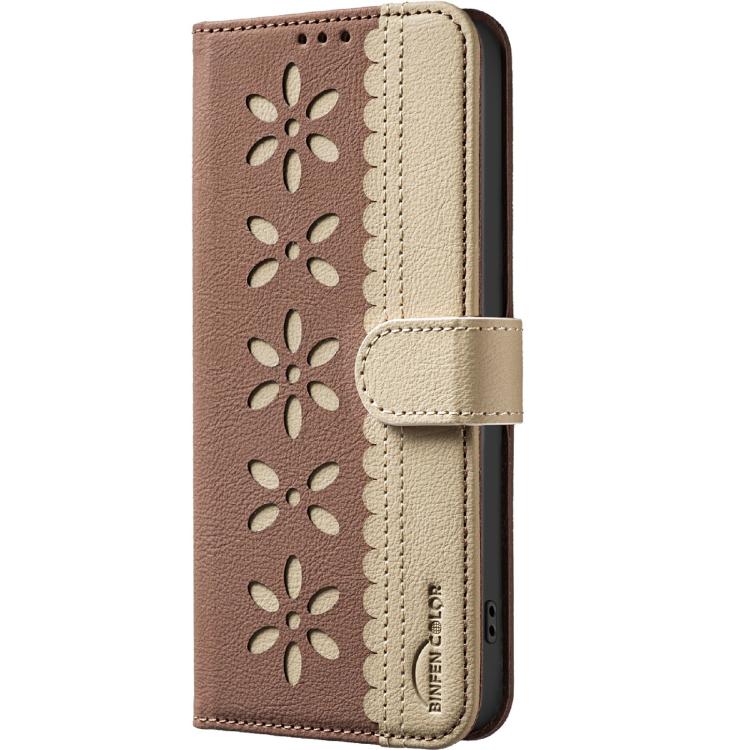 Funda de cuero RFID con estampado floral hueco para Infinix Smart 10 4G (marrón)