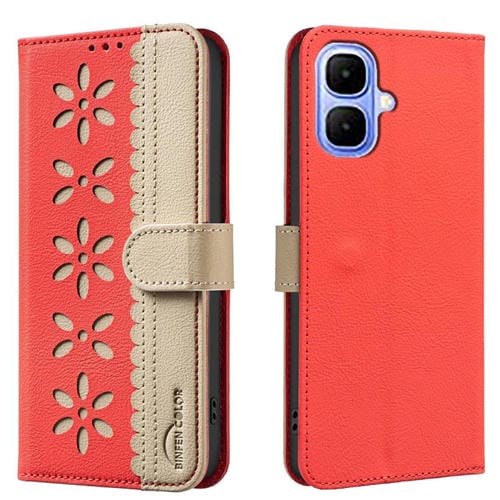 Funda de cuero RFID con estampado floral hueco para Infinix Smart 10 4G (rojo)