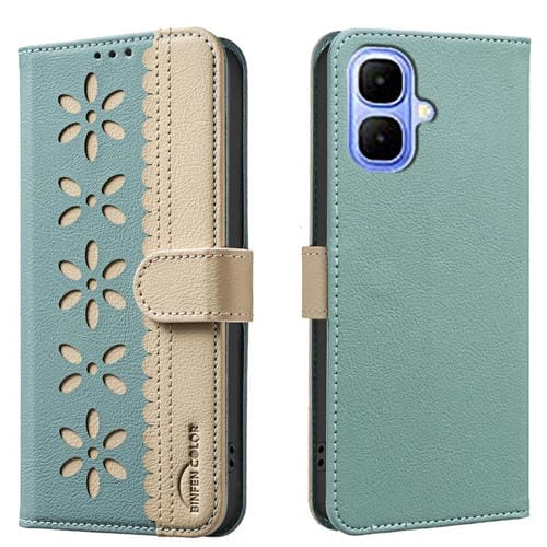 Funda de cuero RFID con estampado floral hueco para Infinix Smart 10 4G (verde)