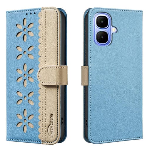 Funda de cuero RFID con estampado floral hueco para Infinix Smart 10 4G (azul cielo)