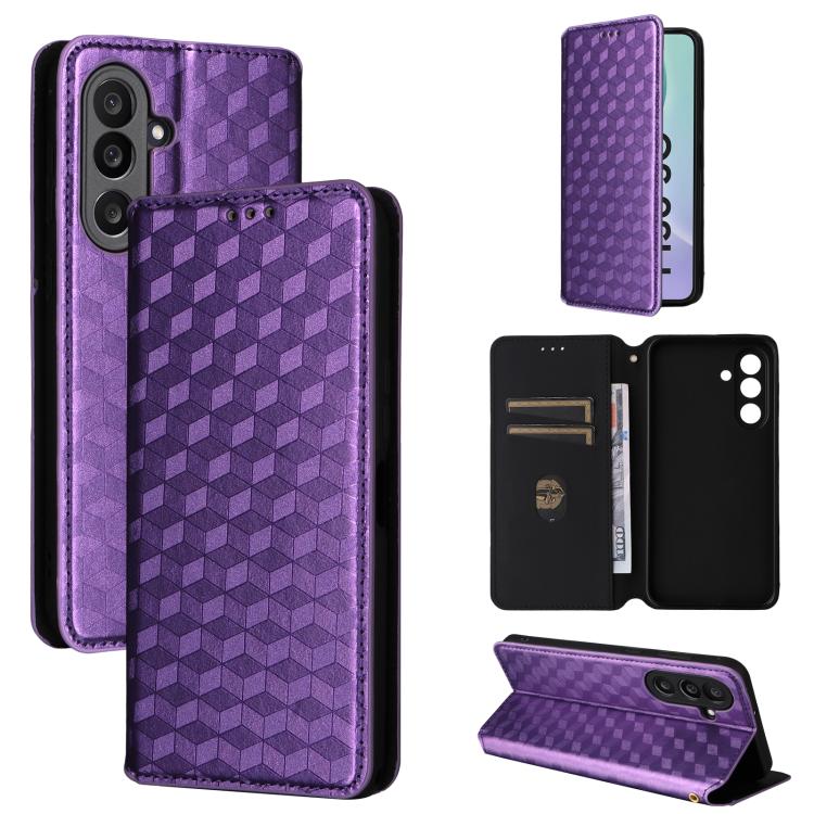 Funda de cuero con tapa y textura de cuadrícula cúbica para Samsung Galaxy M56 5G (morado)