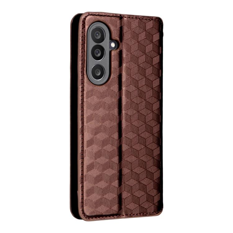 Funda de cuero con tapa y textura de cuadrícula cúbica para Samsung Galaxy M56 5G (marrón)