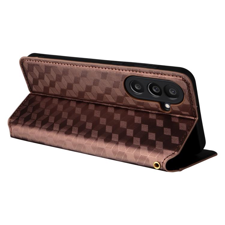 Funda de cuero con tapa y textura de cuadrícula cúbica para Samsung Galaxy M56 5G (marrón)
