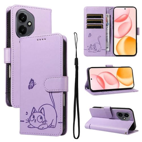 Funda de cuero con tapa y estampado de gato adorable para Honor 400 Global (156,5 mm) (morado)