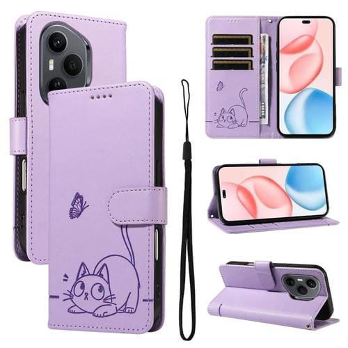 Funda de cuero con tapa y estampado de gato adorable para Honor 400 Pro Global (160,8 mm) (morado)