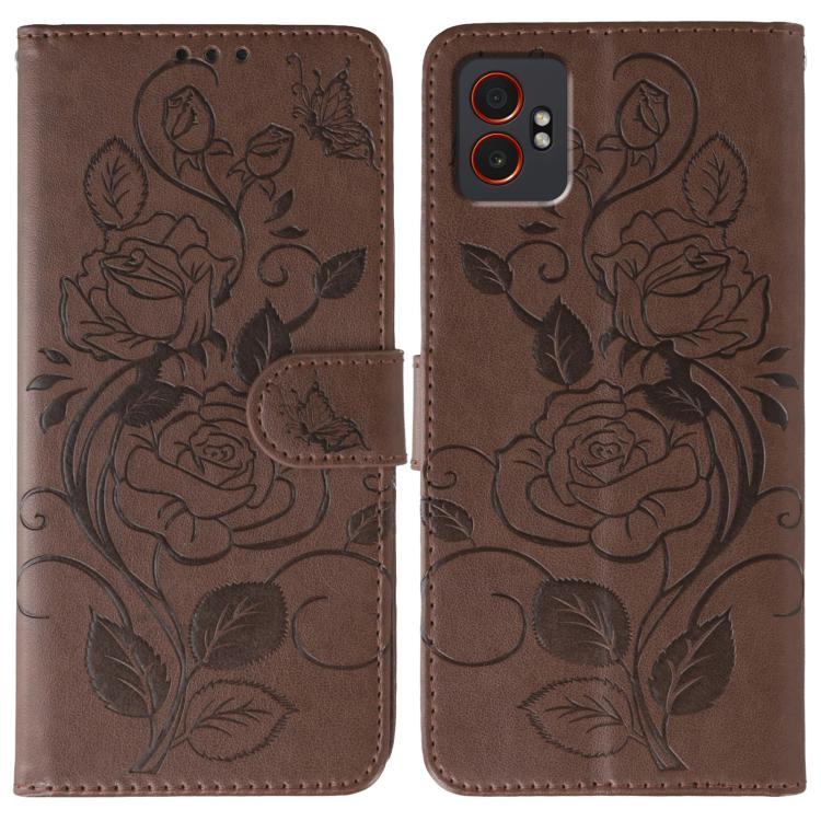 Funda de cuero con relieve de mariposa rosa para Samsung Galaxy XCover7 Pro (marrón)