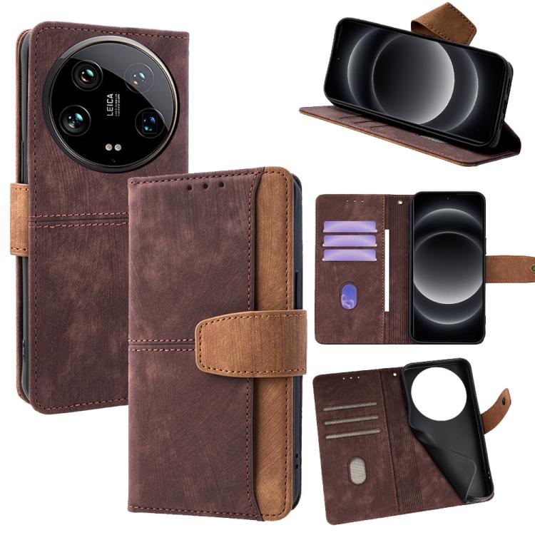Funda de cuero con costuras de color y bloqueo RFID para Xiaomi 14 Ultra (marrón)