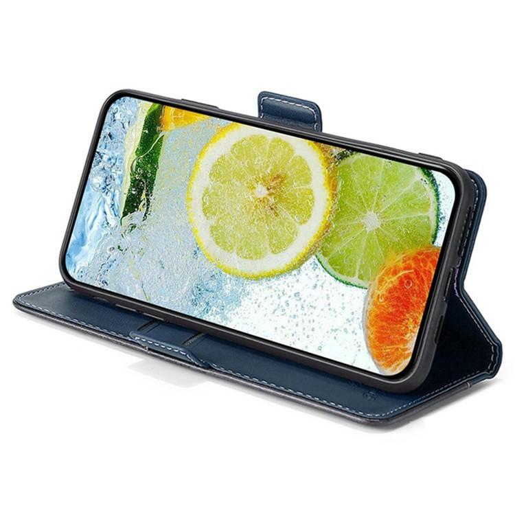 Funda de cuero con hebilla lateral en color de contraste para Redmi Note 14S 4G (azul y gris)