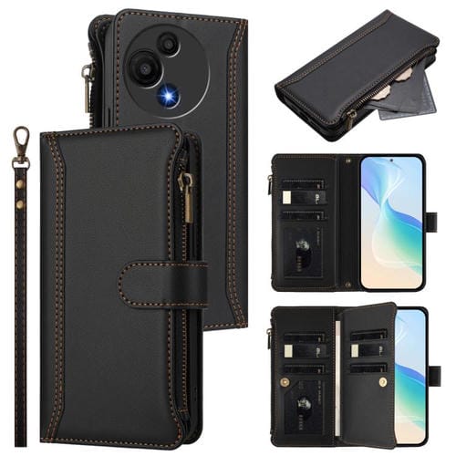 Funda de cuero con cierre magnético para TCL 605/60 SE, 9 ranuras para tarjetas, cremallera y correa de mano (negra)