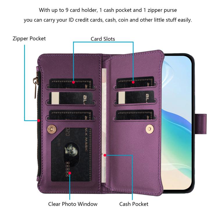 Funda de cuero con cierre magnético para TCL 605/60 SE, 9 ranuras para tarjetas, cremallera y correa de mano (morado)
