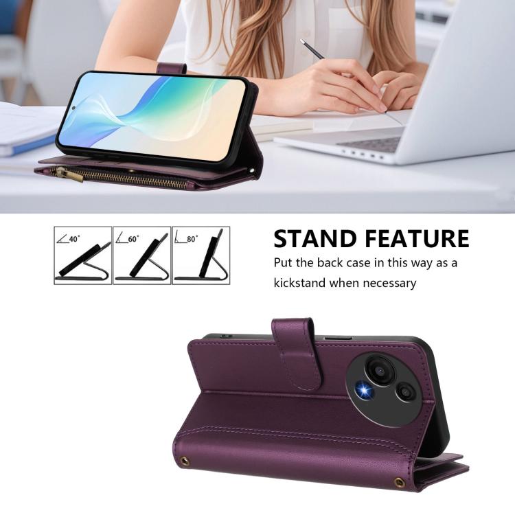 Funda de cuero con cierre magnético para TCL 605/60 SE, 9 ranuras para tarjetas, cremallera y correa de mano (morado)
