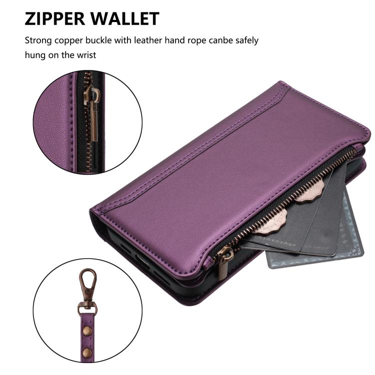 Funda de cuero con cierre magnético para TCL 605/60 SE, 9 ranuras para tarjetas, cremallera y correa de mano (morado)