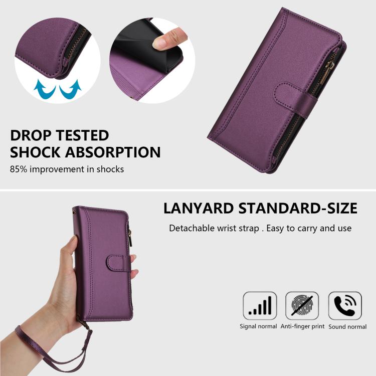 Funda de cuero con cierre magnético para TCL 605/60 SE, 9 ranuras para tarjetas, cremallera y correa de mano (morado)