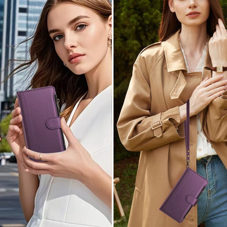 Funda de cuero con cierre magnético para TCL 605/60 SE, 9 ranuras para tarjetas, cremallera y correa de mano (morado)