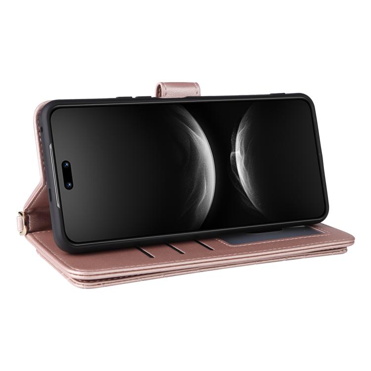 Funda de cuero multifuncional para Huawei Nova 14 5G con 6 ranuras para tarjetas y correa para la muñeca (rosa)