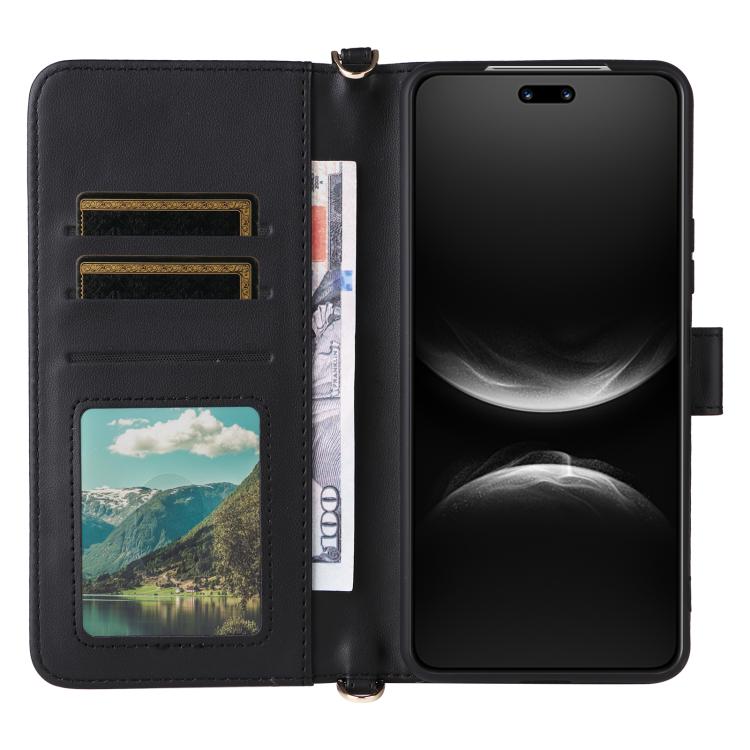 Funda de cuero multifuncional para Huawei nova 14 Ultra 5G con 6 ranuras para tarjetas y correa para la muñeca (negra)