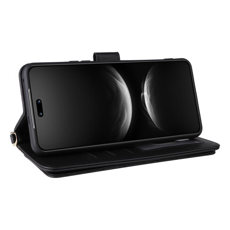 Funda de cuero multifuncional para Huawei nova 14 Ultra 5G con 6 ranuras para tarjetas y correa para la muñeca (negra)