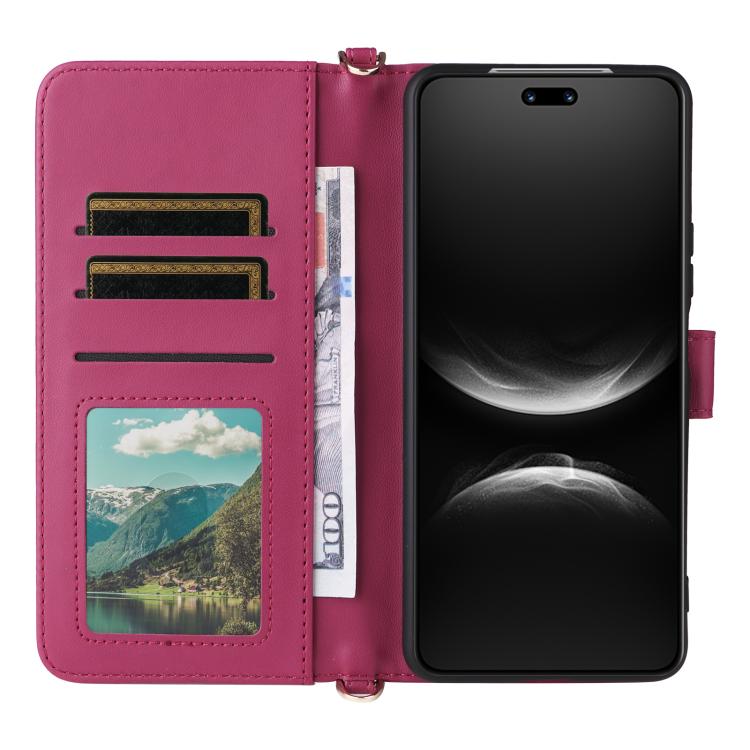 Funda de cuero multifuncional para Huawei nova 14 Ultra 5G con 6 ranuras para tarjetas y correa para la muñeca (rosa)