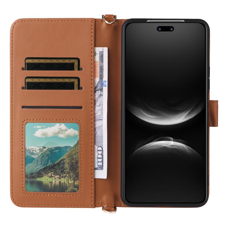 Funda de cuero multifuncional para Huawei nova 14 Ultra 5G con 6 ranuras para tarjetas y correa para la muñeca (marrón)