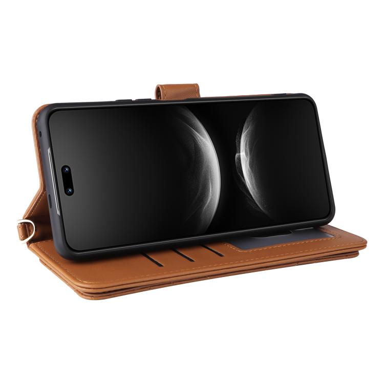 Funda de cuero multifuncional para Huawei nova 14 Ultra 5G con 6 ranuras para tarjetas y correa para la muñeca (marrón)