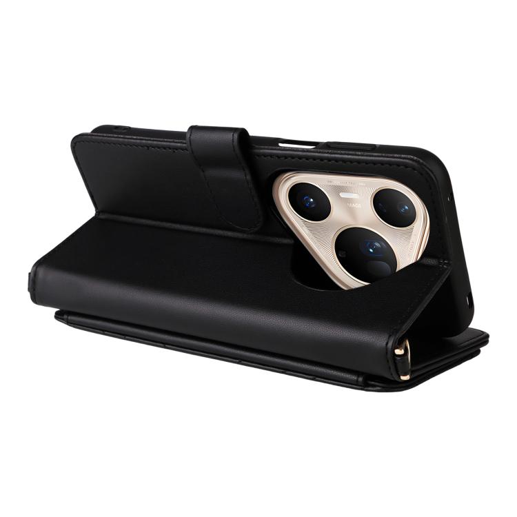 Funda de cuero multifuncional para Huawei Pura 80 Ultra 5G con 6 ranuras para tarjetas y correa para la muñeca (negra)