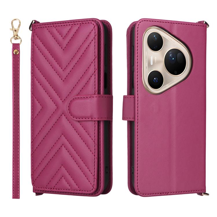 Funda de cuero multifuncional para Huawei Pura 80 Ultra 5G con 6 ranuras para tarjetas y correa para la muñeca (rosa)
