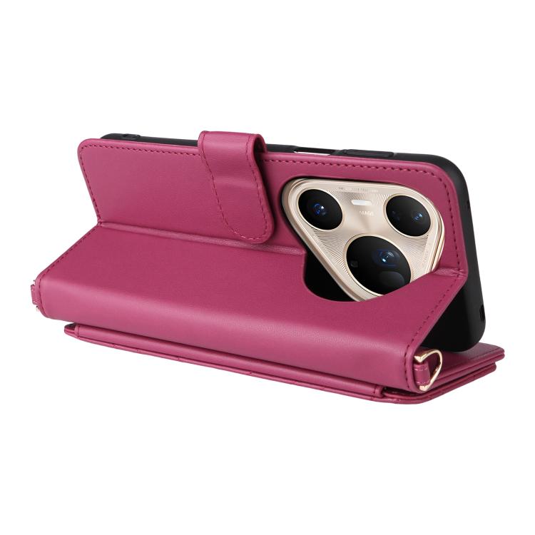 Funda de cuero multifuncional para Huawei Pura 80 Ultra 5G con 6 ranuras para tarjetas y correa para la muñeca (rosa)