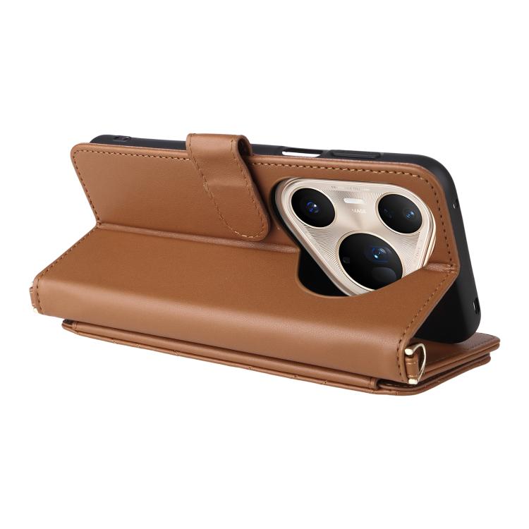 Funda de cuero multifuncional para Huawei Pura 80 Ultra 5G con 6 ranuras para tarjetas y correa para la muñeca (marrón)