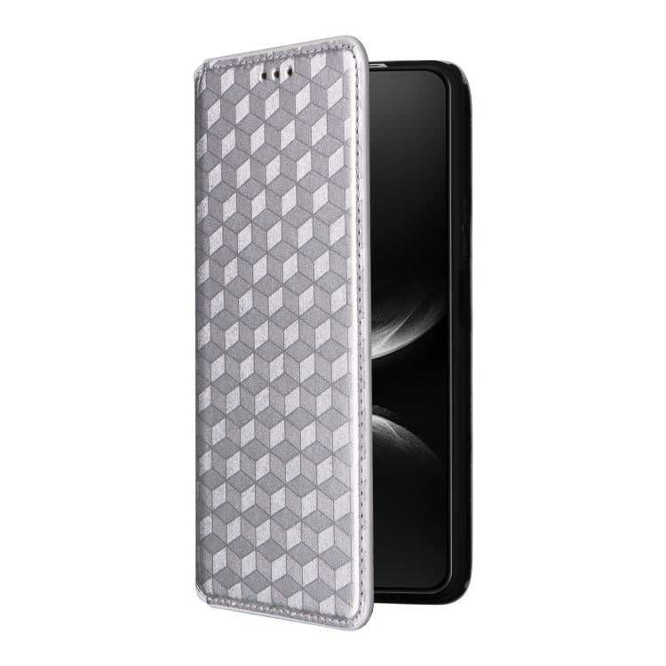 Funda de cuero con tapa y textura de cuadrícula cúbica para Huawei Nova 14 5G (plateada)